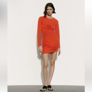 ZARA RUCHED SEAM DRESS BRIGHT RED XS